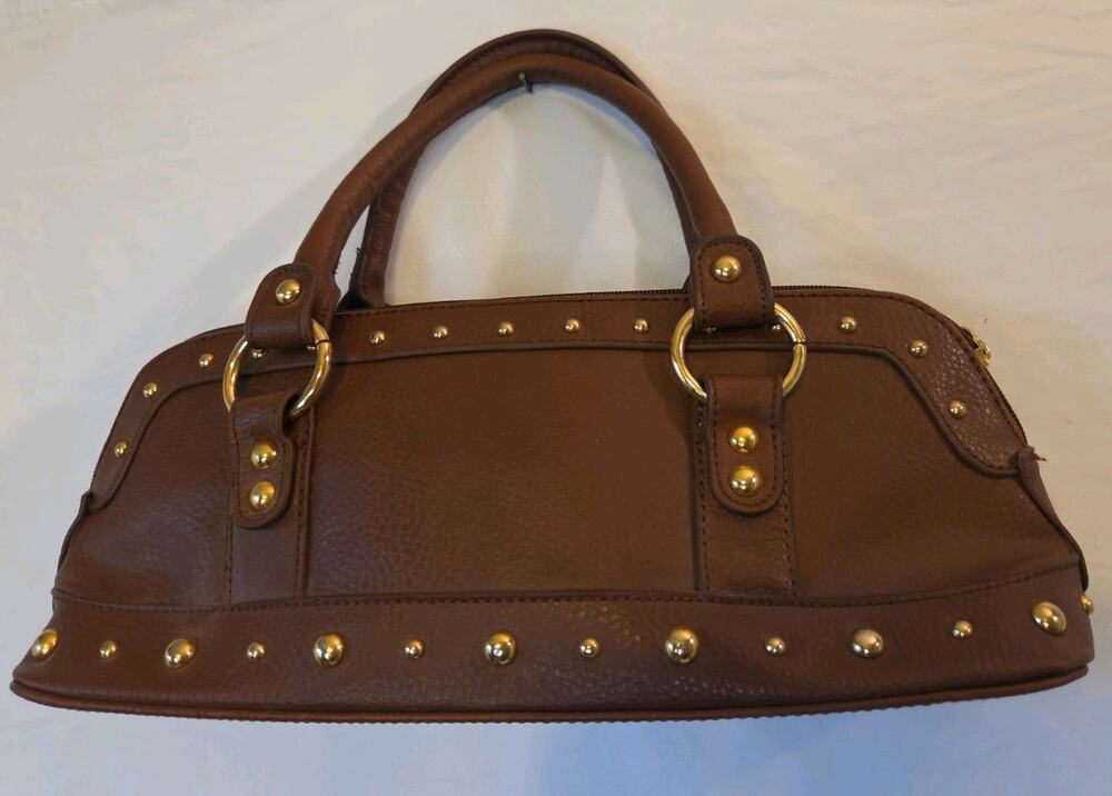 Vtg y2k BISOU BISOU MICHELE BOHBOT Handbag Purse Gold Studs Brown 13" W clutch